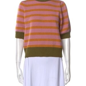 Striped Pink and Olive Puff-Sleeve Knit Top